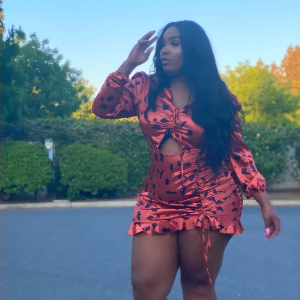 Orange cheetah print ruched drawstring mini skirt set
